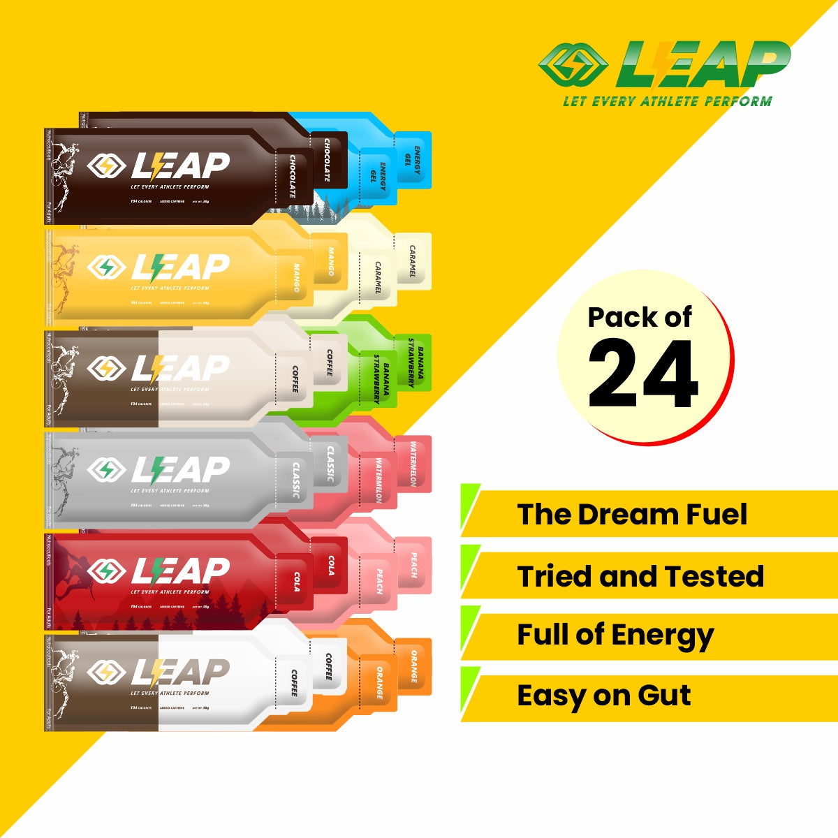 Leap Energy Gels Pack of 24, Variety Pack (12-Flavor)