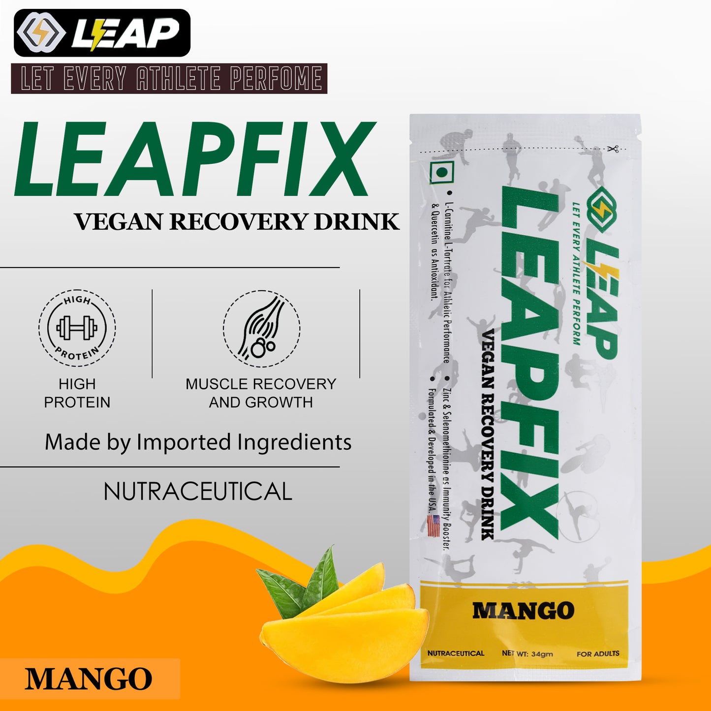 Leapfix Vegan Recovery Drink Mango Pack of 5-10-15