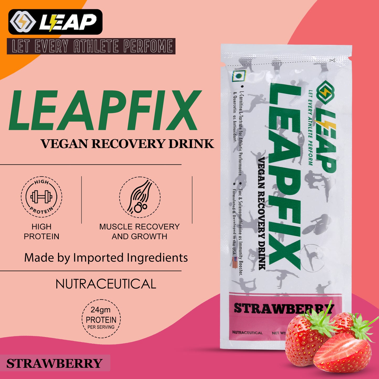 Leap Vegan Recovery Drink Mix Powder, Contains L-Carnitine L-Tartrate, Zinc & Selenomethionine (Pack-5, Strawberry)