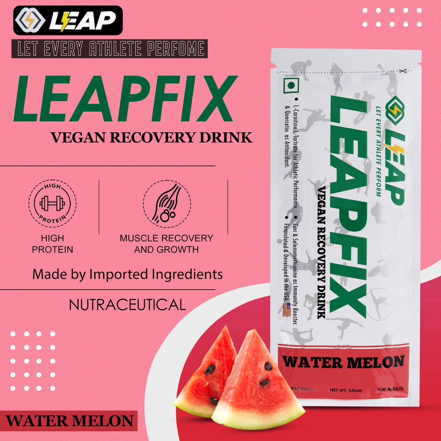 Leapfix Vegan Recovery Drink Watermelon Pack of 5-10-15