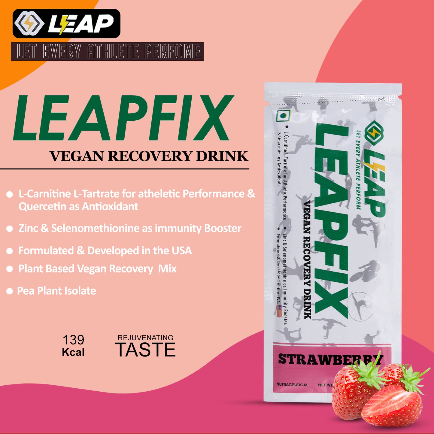 Leap Vegan Recovery Drink Mix Powder, Contains L-Carnitine L-Tartrate, Zinc & Selenomethionine (Pack-5, Strawberry)